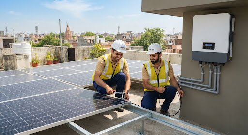 Certified technicians installing solar panels